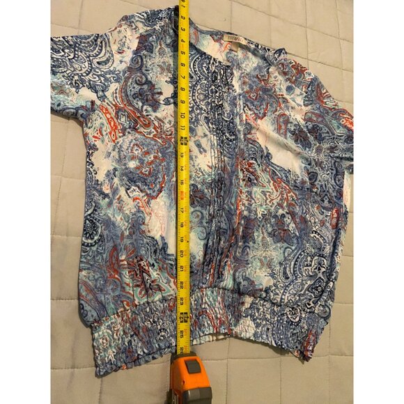 Roz & Ali XL Boho Paisley Blouse Womens Peasant Top Sheer 3/4 Sleeve Blue Orange - Picture 4 of 12